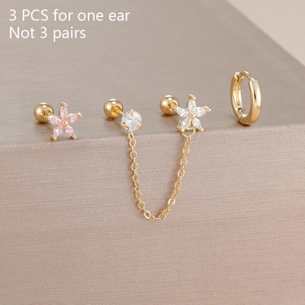 3PCS Zircon Flower Ear Stud Earrings