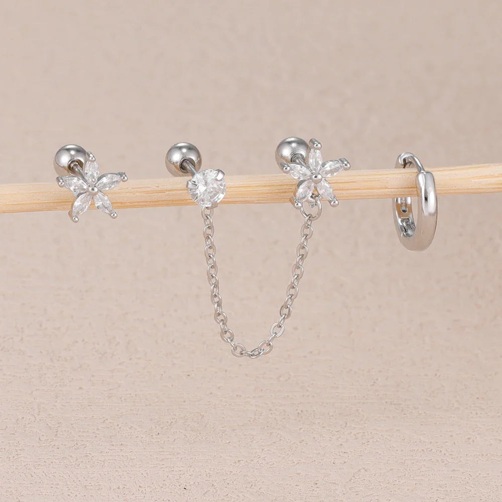 3PCS Zircon Flower Ear Stud Earrings