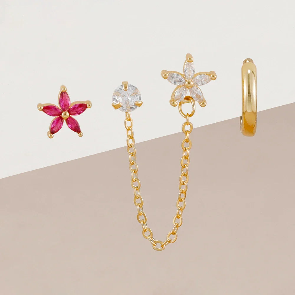 3PCS Zircon Flower Ear Stud Earrings