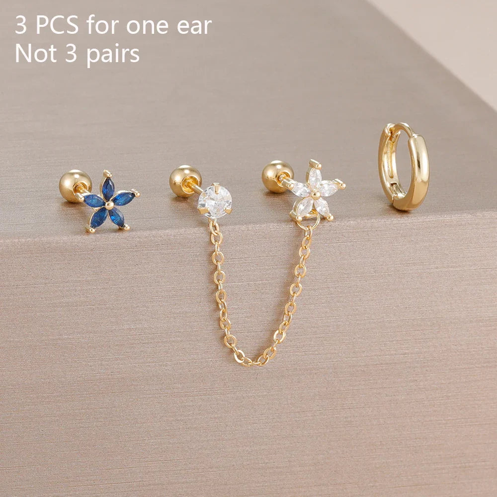 3PCS Zircon Flower Ear Stud Earrings
