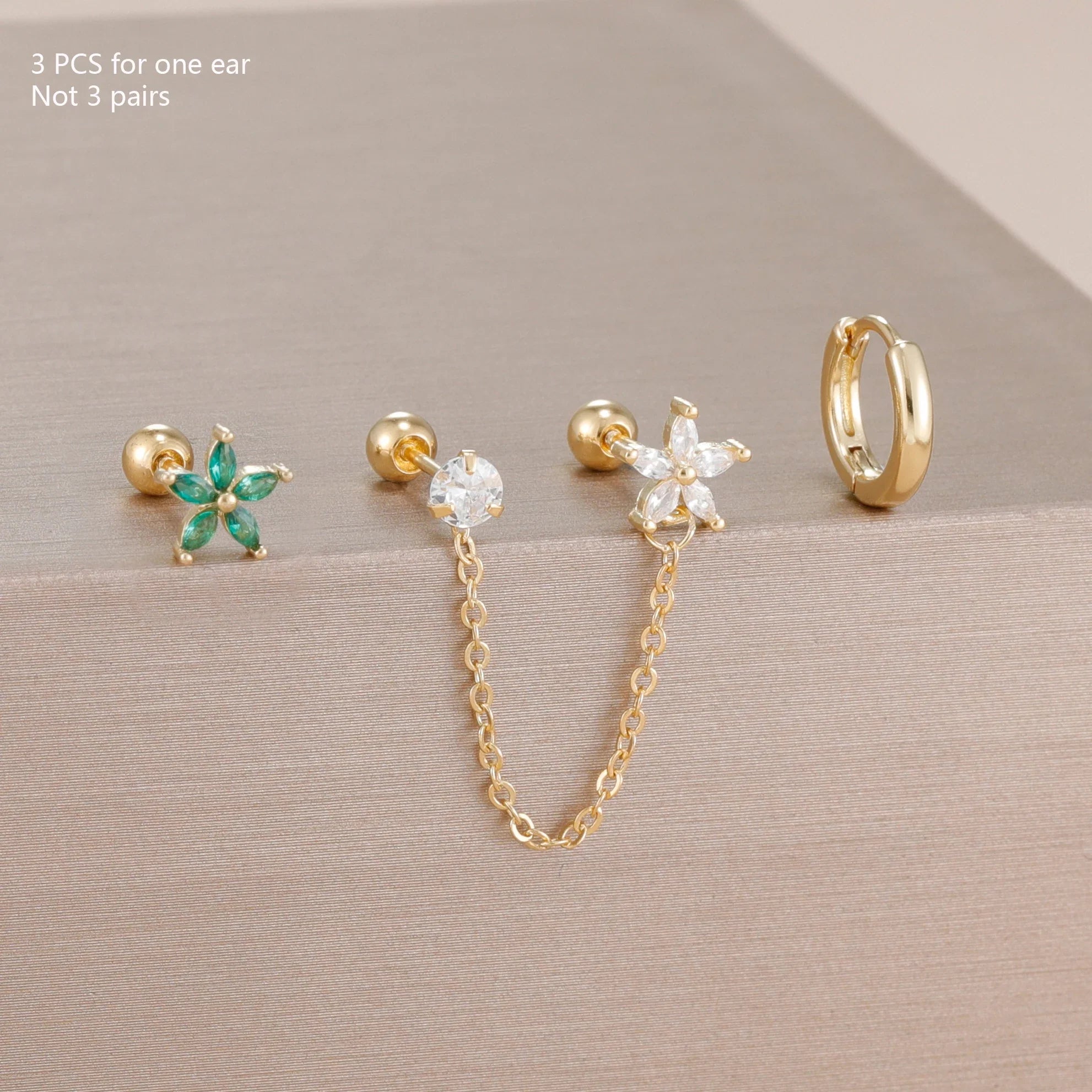 3PCS Zircon Flower Ear Stud Earrings