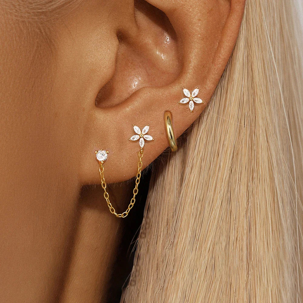 3PCS Zircon Flower Ear Stud Earrings