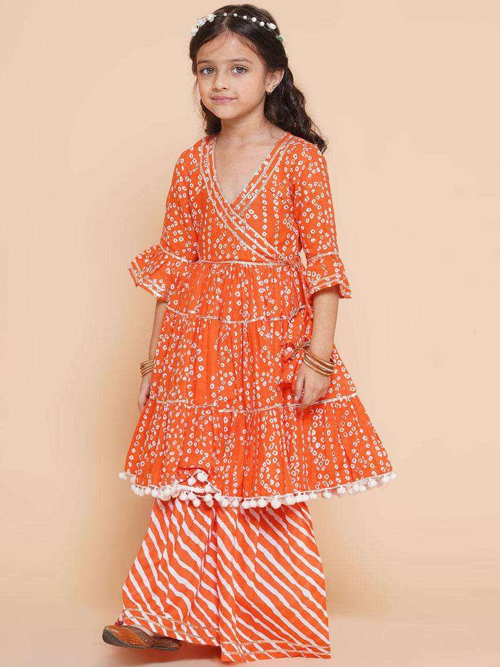 Leheriya Bandhej Magic Orange Wrap Kurta & Palazzo Set
