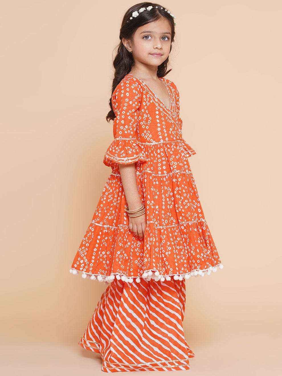Leheriya Bandhej Magic Orange Wrap Kurta & Palazzo Set